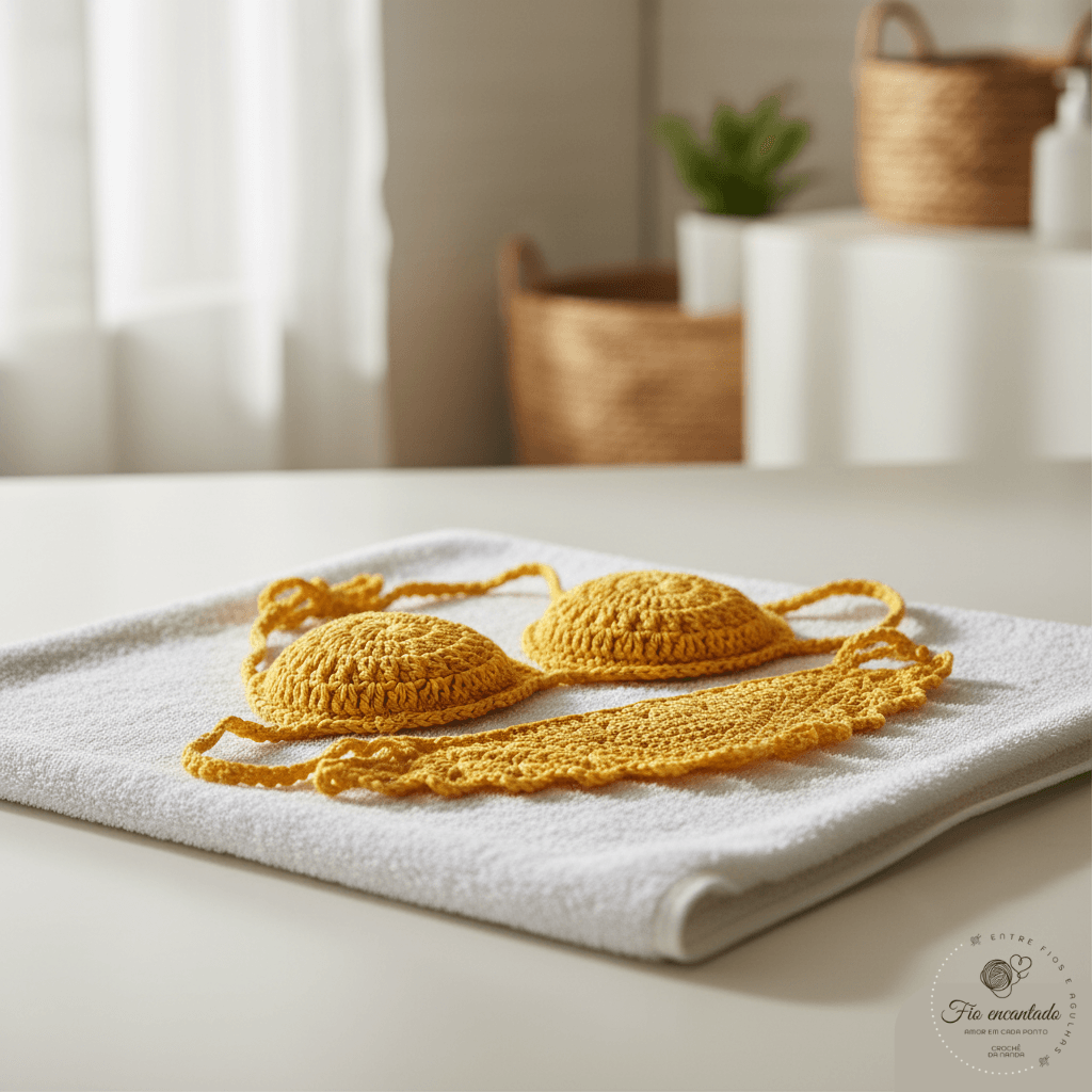 peça de crochê secando à sombra em superfície plana