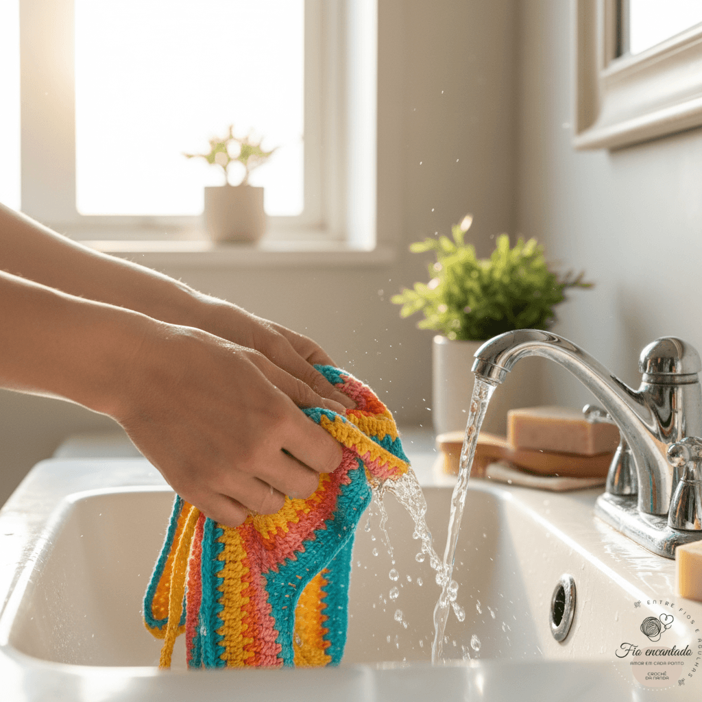 Lavagem manual de biquíni de crochê colorido sob torneira, destacando como cuidar das peças de crochê de praia.