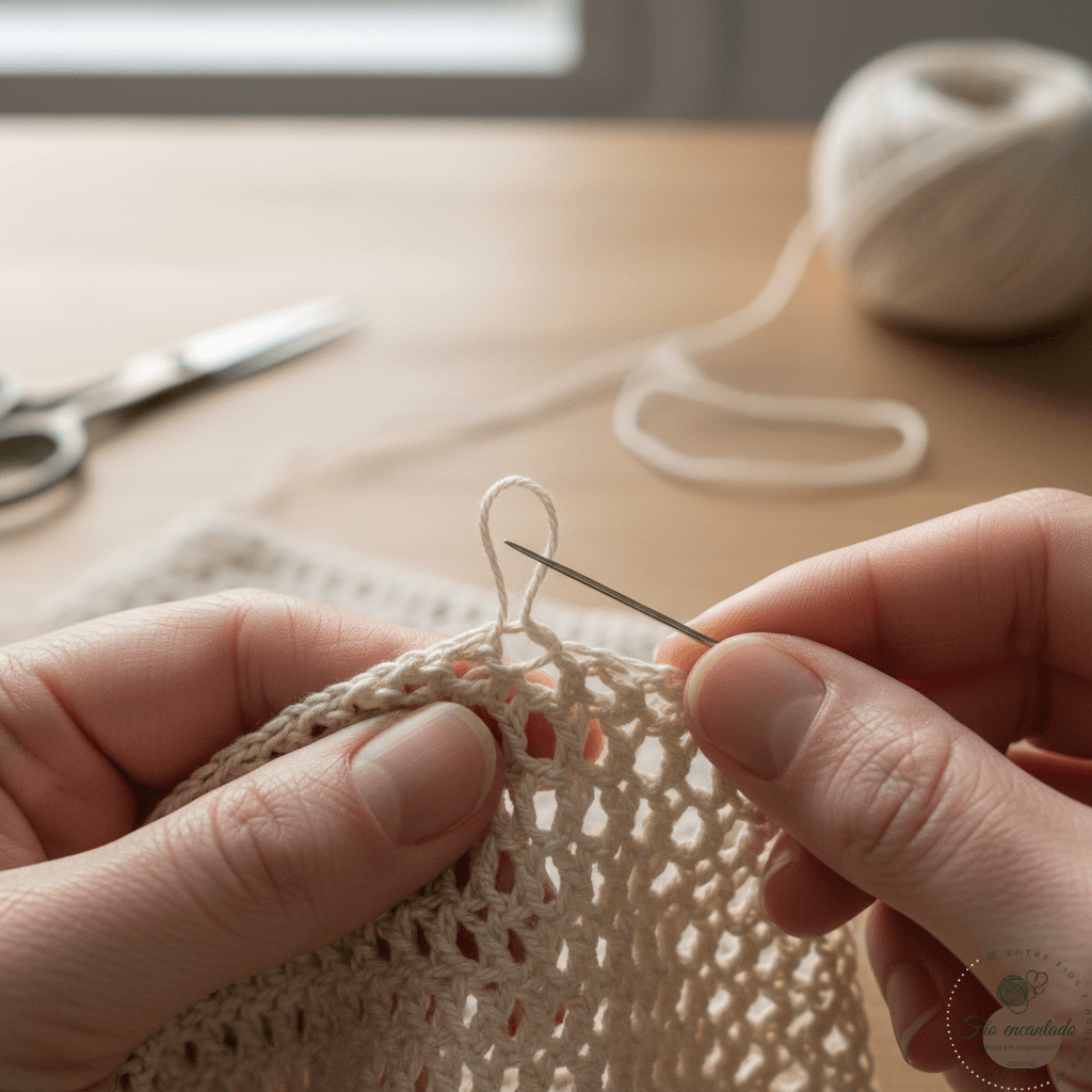 Mãos usando agulha para puxar um fio solto em uma peça de crochê bege, ilustrando como reparar crochê e cuidar de peças de crochê delicadas.