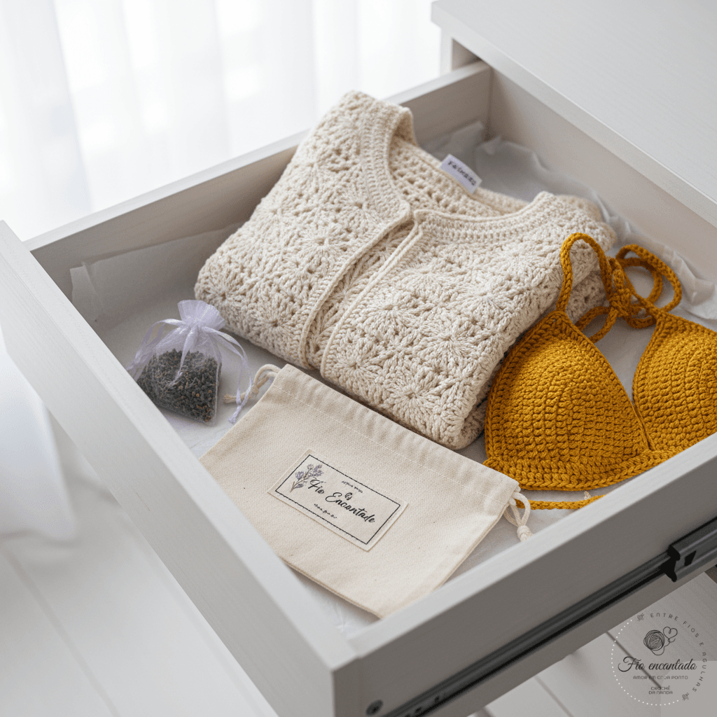Peças de crochê dobradas (cardigan bege e biquíni amarelo) em uma gaveta aberta com sachê de lavanda e saquinho de tecido, demonstrando como guardar e proteger o crochê para evitar o desbotamento e manter o perfume suave.