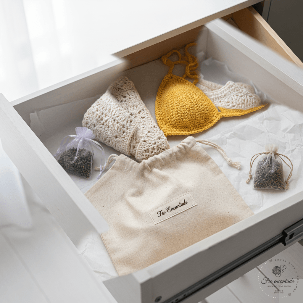 Detalhe de mãos segurando e cuidando delicadamente de um tecido de crochê com agulha, mostrando a atenção ao toque macio e a preservação da fibra no dia a dia.