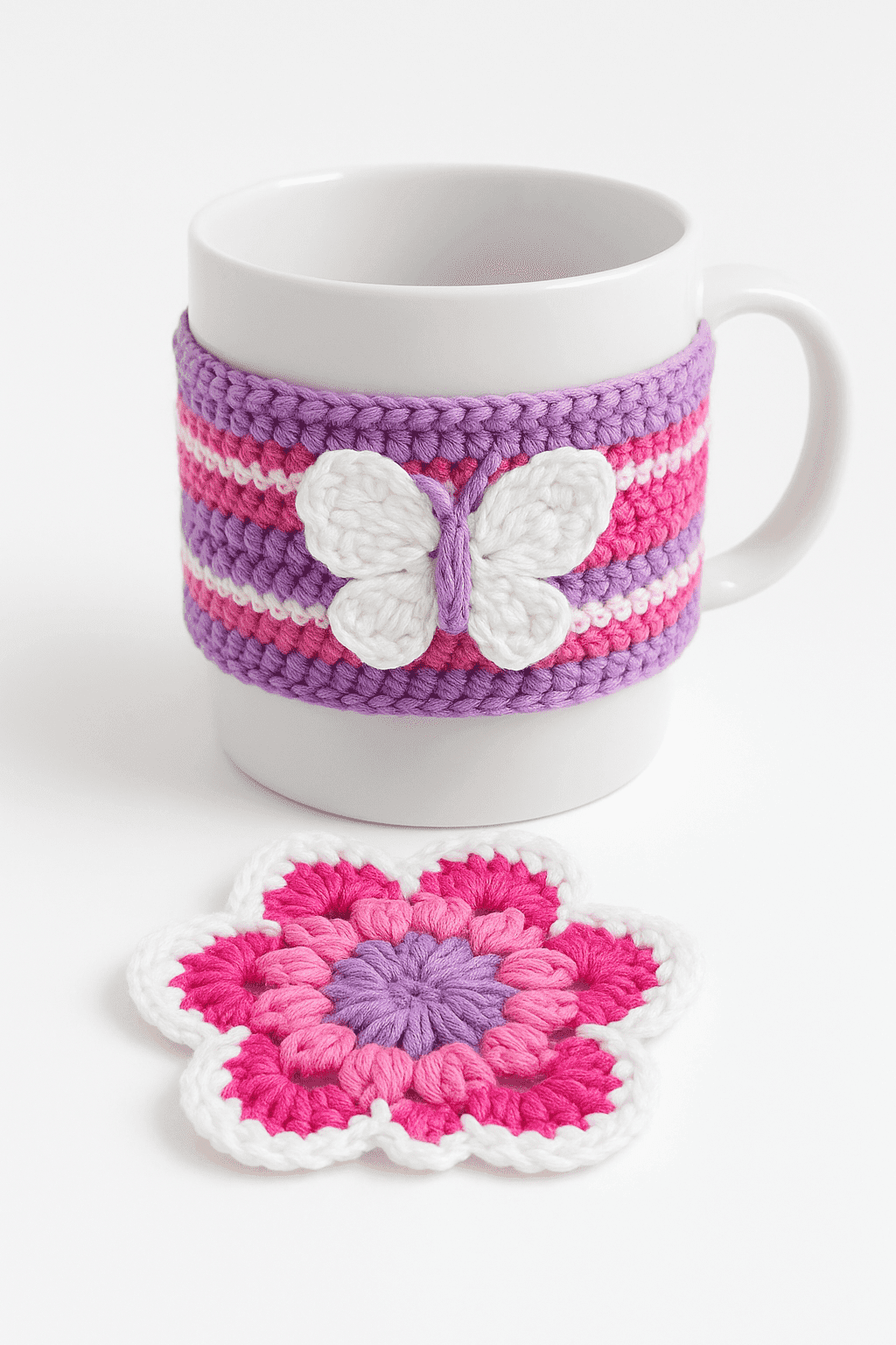 Porta-Xícara com Enfeite de Crochê artesanal Fio Encantado