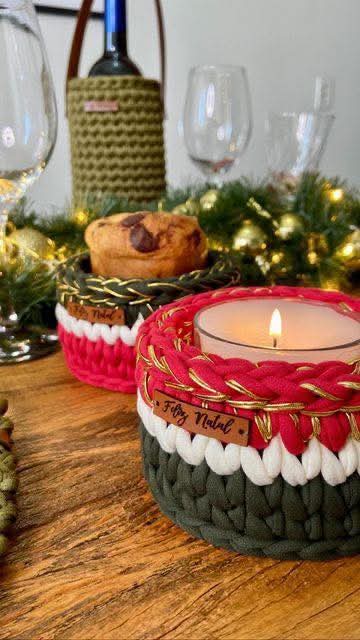 Kit 3 Mini Cachepôs de Natal em Fio de Malha – Lembrancinha Natalina artesanal Fio Encantado