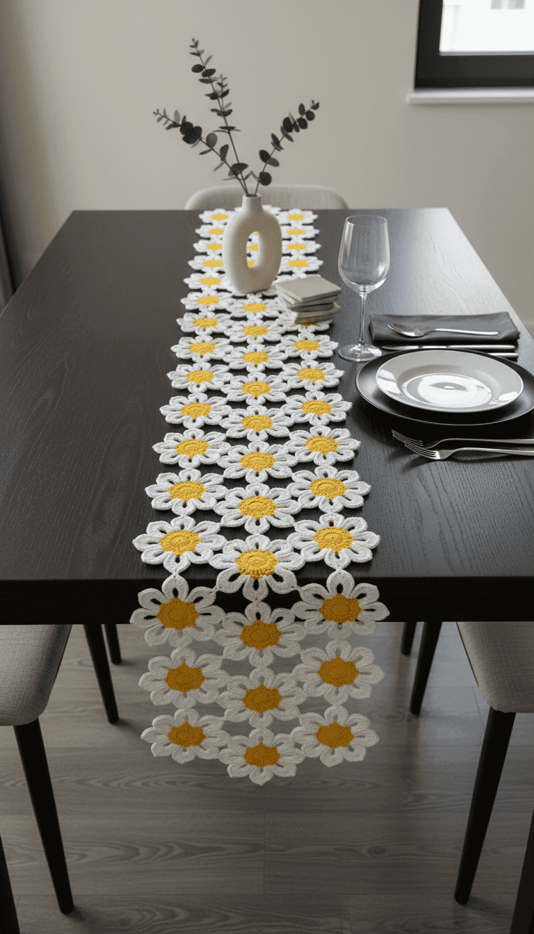 Trilho de Mesa Margarida de Crochê artesanal Fio Encantado