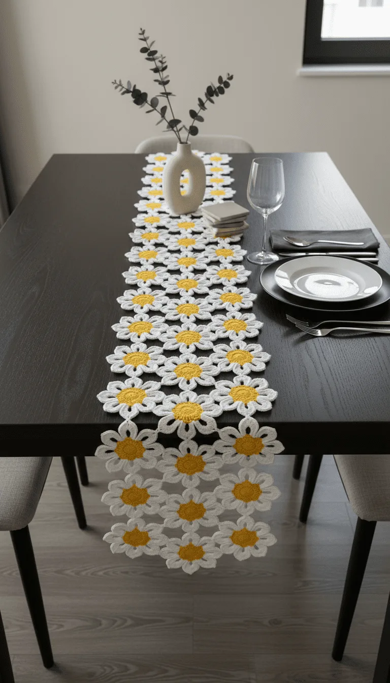 Trilho de Mesa Margarida de Crochê artesanal Fio Encantado