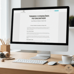 Tela de computador exibindo a página "TERMOS E CONDIÇÕES FIO ENCANTADO" com seções sobre compra e políticas, junto a materiais de crochê e uma xícara de café, representando a transparência nas políticas de compra de crochê artesanal.