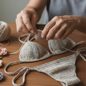 Peça de crochê com etiquetas e lacres intactos sendo inspecionada para troca ou devolução, demonstrando as condições necessárias para a Política de Troca e Devolução Fio Encantado.