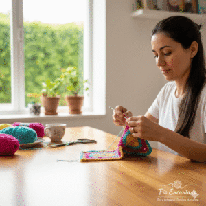  03 COMPROMISSOS FIO ENCANTADO: ÉTICA E COMBATE AO TRABALHO ESCRAVO ARTESANAL E CONDIÇÕES INSALUBRES Mulher sorrindo, tecendo crochê multicolorido em mesa de madeira com novelos coloridos ao lado, com o logo "Fio Encantado: Ética Artesanal. Direitos Humanos", ilustrando o combate ao trabalho escravo artesanal e a produção ética.